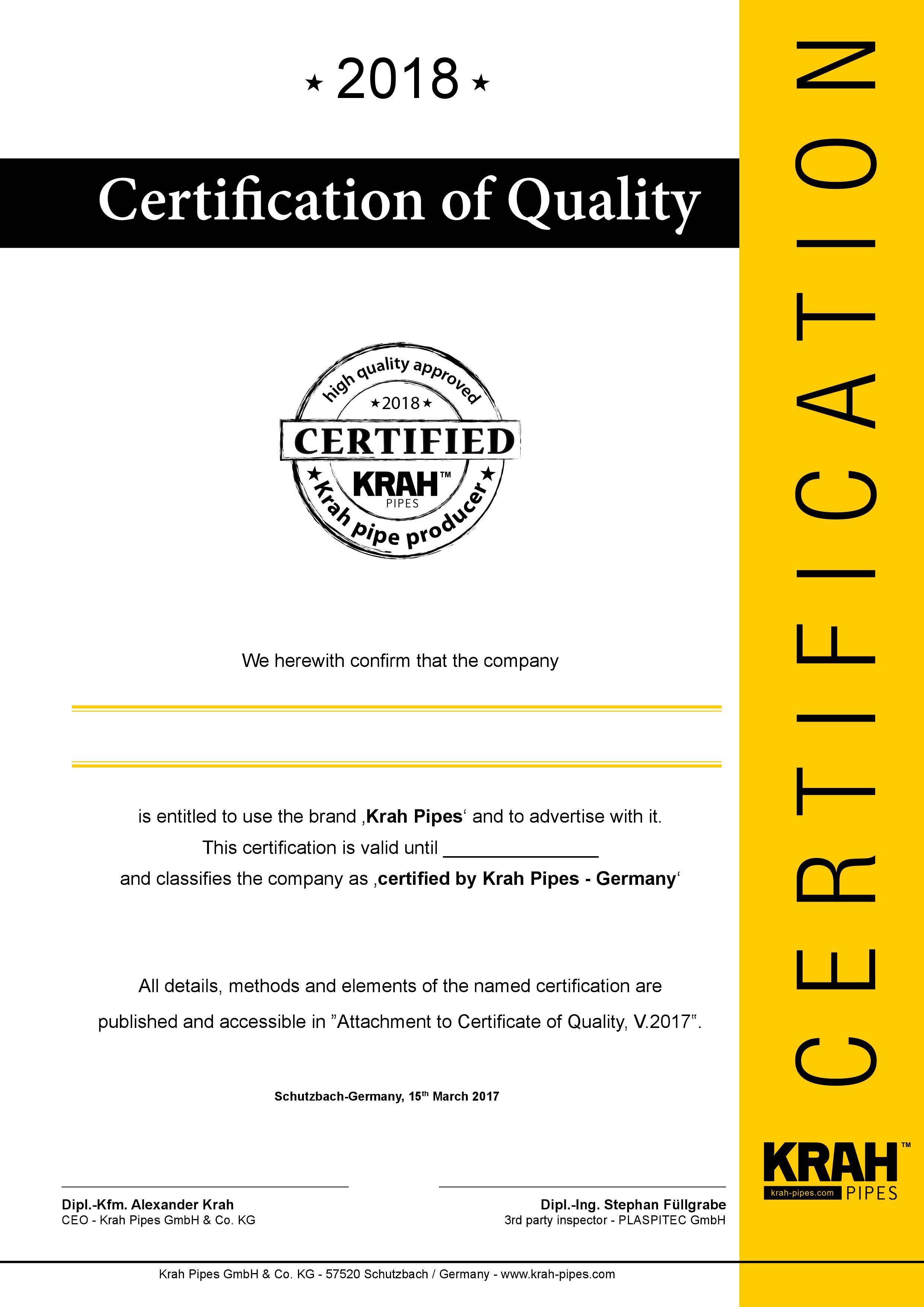 Krah certificate of quality and performance