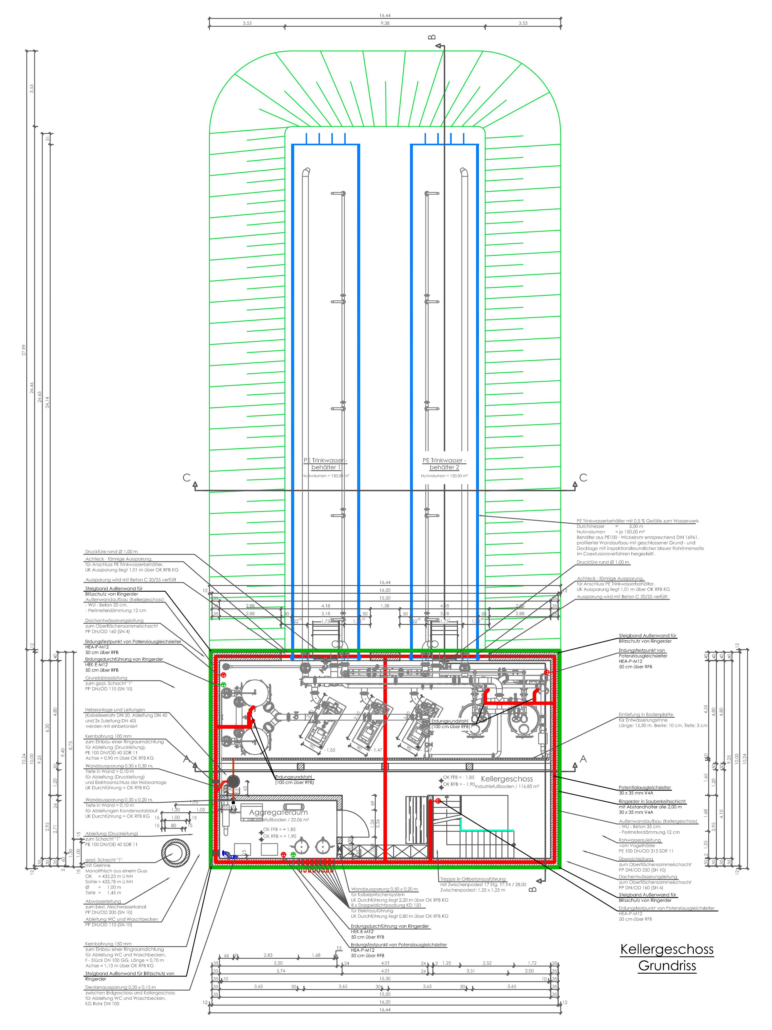 Planning view of the waterworks with pipe container from above