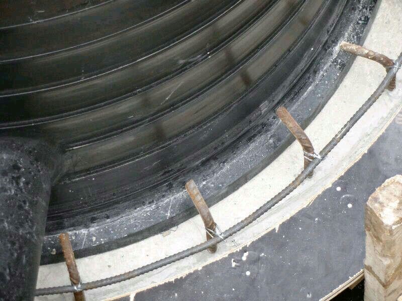 Figure 8:  Krah HDPE Manhole positioned on top of precast base slab (note steel ring for “Upturn Beam’)